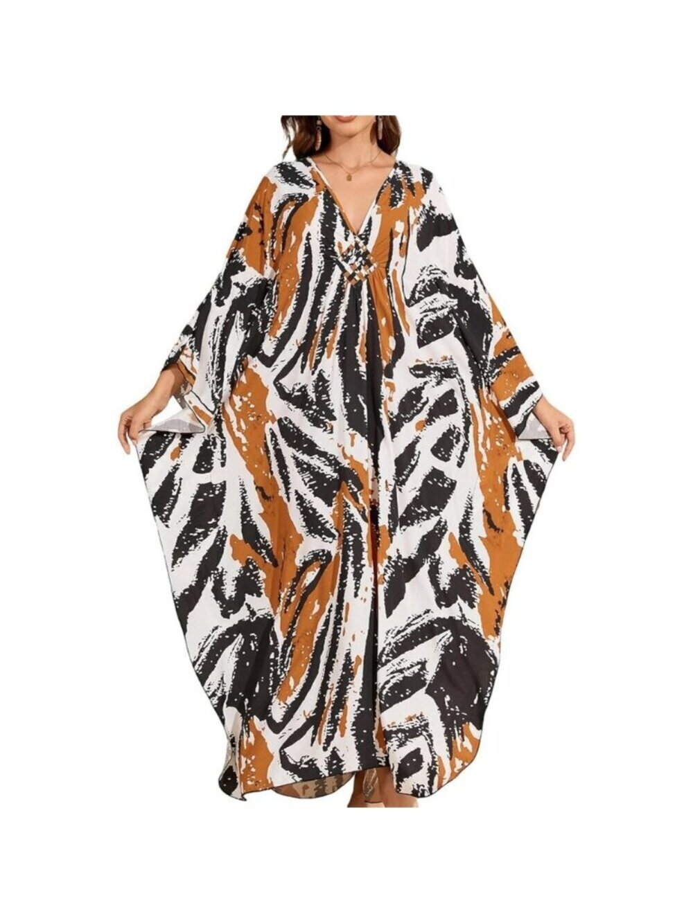 Women's Black Orange V-neck Batwing Sleeve Flowy Split Hem Bohemian Kaftan Dress